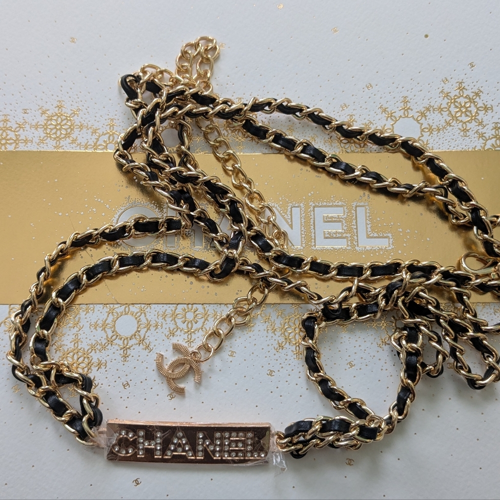 CHANEL Black and Gold Chain Belt with Crystal Logo Plaque - Picture 8 of 8